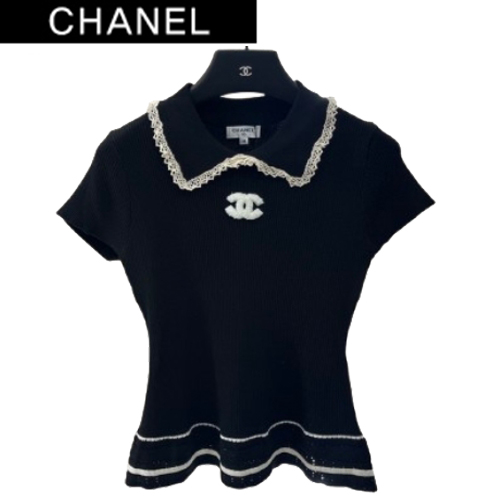 CHANEL-07269 샤넬 블랙 니트 코튼 폴로 티셔츠 여성용