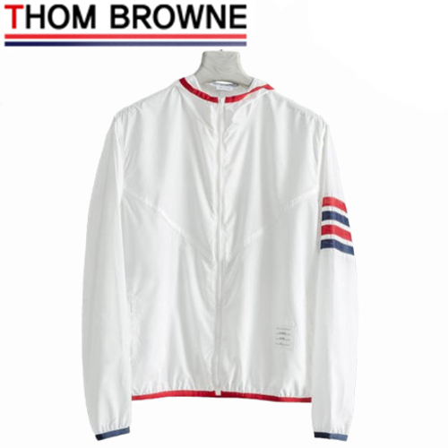 THOM BROWNE-08111 톰 브라운 화이트 스트라이프 장식 바람막이 후드 재킷 남성용
